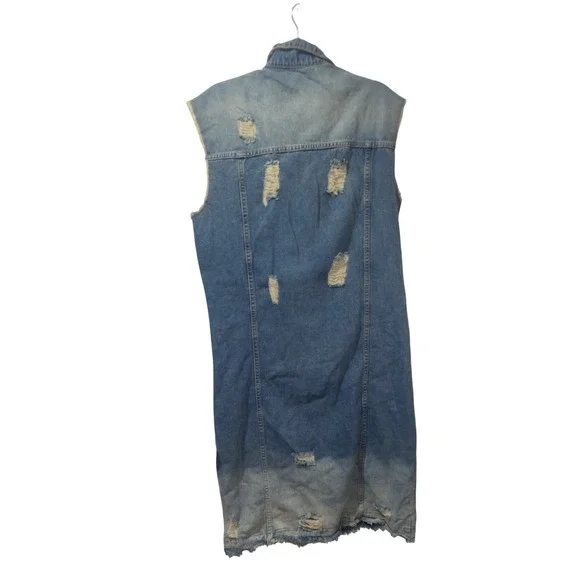 VEVERET Long Distressed Denim Vest Duster Chic Jean Jacket Blue Sz L - Picture 7 of 9